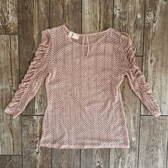 14th & Union Lace Top Shirt Womens M Ruched Sleeves Delicate Coquette Sheer - Picture 5 of 7